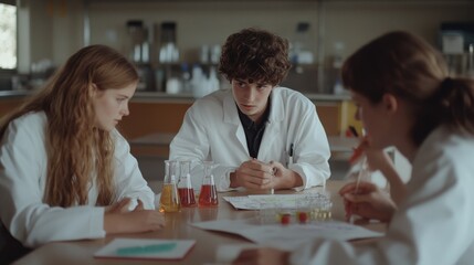 Three young scientists in white lab coats engage in a collaborative experiment, surrounded by beakers and scientific equipment in a lab setting.