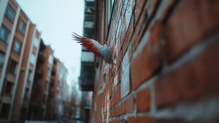 A dynamic bird mural on a brick wall adds vibrancy and creativity to the urban setting, showcasing street art's impact.