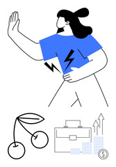 Woman in blue shirt generating energy with lightning bolts, flanked by cherries, briefcase, bar graphs, and coin icon. Ideal for business, motivation, health, growth balance goal-setting finance