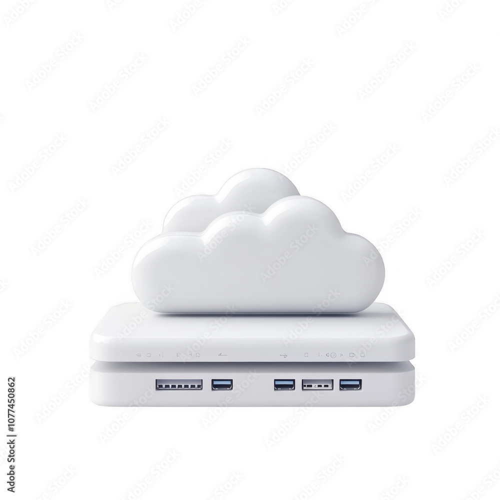 Poster cloud computing and data storage concept with white cloud icon on laptop