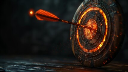 A fiery arrow strikes the bullseye of a target, representing success, achievement, and ambition.