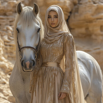 arabische frua mit schleier und araber pferd  reiterin reitsport
