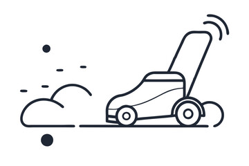 Minimalist Line Drawing of Lawn Mower Icon on White Background