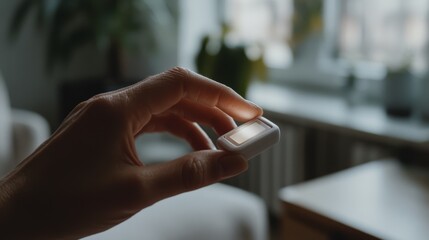A hand holding a small, glowing device in a softly-lit room, suggesting modern technology and quiet curiosity.