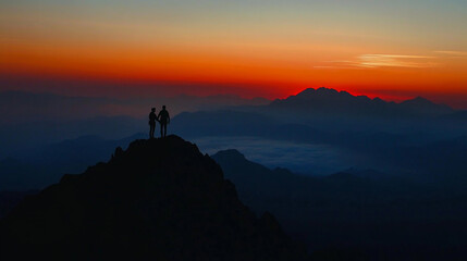 Silhouette of Couple on Mountain Peak at Sunrise with Mountain Range and Fog