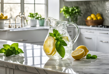 agua com limao e ortela em jarra de cristal transparente sobre bancada de mármore branca em cozinha iluminada por luz natural