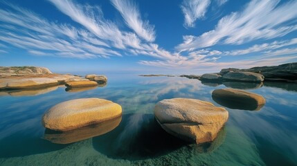 Obraz premium Azure sky reflects on serene waters where smooth rocks grace the surface, embodying tranquility and the beauty of untouched nature.