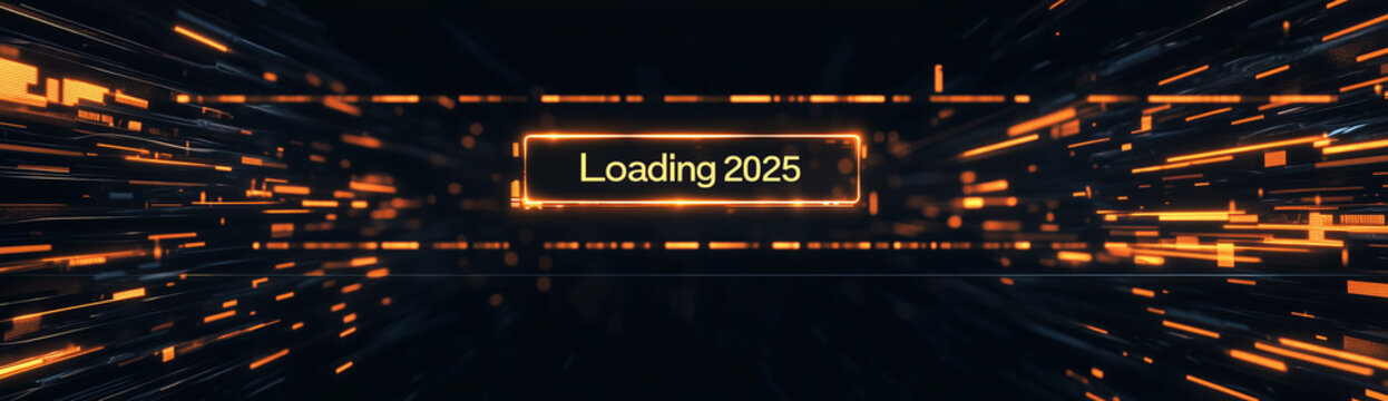 Scritta "Loading 2025" su sfondo nero. Il 2025 &egrave; in caricamento e sta per arrivare. Buon anno 2025.