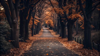 A serene autumn pathway lined with vibrant orange leaves