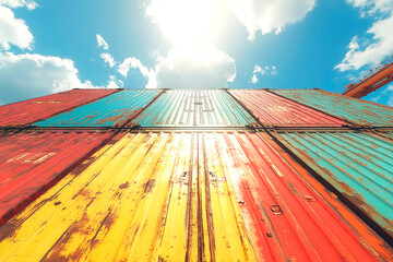 Stack of Colorful, Weathered Shipping Containers Under Bright Sky