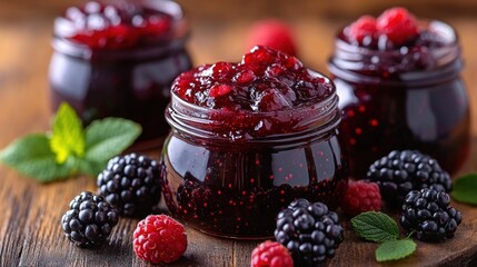 Jars of homemade raspberry and blackberry jam with fresh berries and mint leaves.