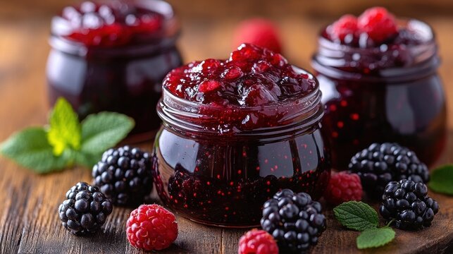 Jars of homemade raspberry and blackberry jam with fresh berries and mint leaves.