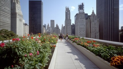 Fototapeta premium A vibrant rooftop garden pathway invites city dwellers to meander among blooming plants, surrounded by iconic skyscrapers under a bright blue sky.