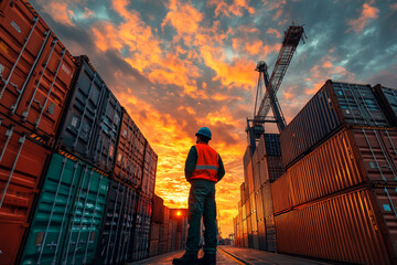 Dock Worker Standing Among Shipping Containers at Sunset