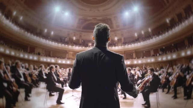 Orchestra Conductor Leading Symphony Performance In Grand Concert Hall Leadership Elegance