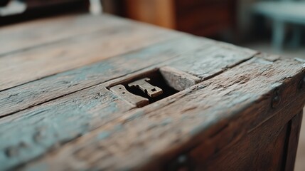 A rustic wooden latch on an antique chest stands ajar, offering a glimpse into hidden history and craftsmanship amidst worn textures and muted hues.