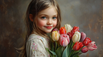 Fototapeta premium Dziewczynka z promiennym wyrazem twarzy trzyma w dłoniach bukiet tulipanów o intensywnych kolorach. 