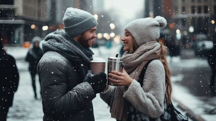 Obraz premium A joyful couple share a warm moment with hot drinks amid a gentle snowfall, bundled in cozy winter clothing on a bustling city street.