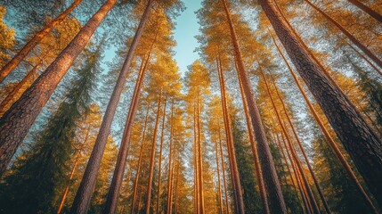 Looking up at tall pine trees in a forest, with a bright blue sky visible above.