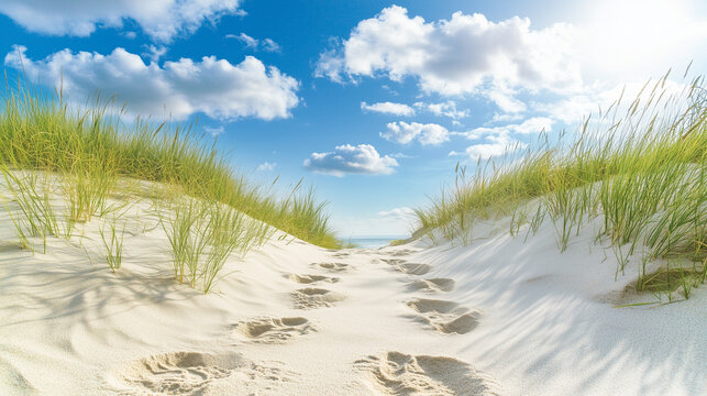 Ślady st&oacute;p na złotym piasku prowadzą przez delikatne wydmy, a nad nimi rozciąga się jasne, błękitne niebo z rozproszonymi, miękkimi chmurami.
