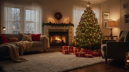 Obraz premium Christmas celebration and gifts - Fir branches, Gift boxes, Ornaments, Ribbons, champagne flutes, snowflakes, Wrapped gifts 