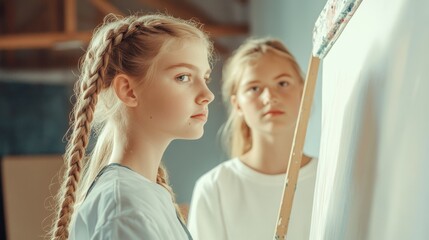 Obraz premium Two young artists focus intently on their canvas, captured in a warm, creative space filled with soft natural light, embodying youthful creativity and focus.
