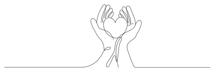 Continuous one line drawing, Health care hands holding heart. design poster art print. vector illustration