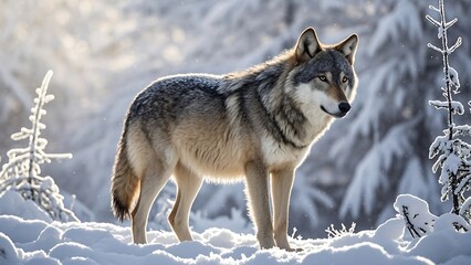 Obraz premium A wolf standing in the snow - A lifelike image of a wolf in a snowy landscape, with its fur detailed against the wintry backdrop, its breath visible in the cold air as it surveys the surroundings.