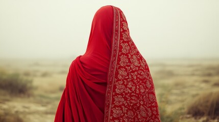 A woman draped in a vibrant red sari stands alone amidst an open landscape, symbolizing strength and mystery against a muted backdrop.
