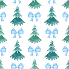 Christmas tree, blue bow. Watercolor seamless pattern on white background for textile and paper. Cute Christmas illustration