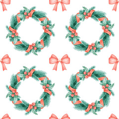 Christmas wreath, red bow. Watercolor seamless pattern on white background for textile and paper. Cute Christmas illustration