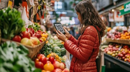 A woman in a market captures a QR code on her smartphone, surrounded by a vibrant array of fresh produce.