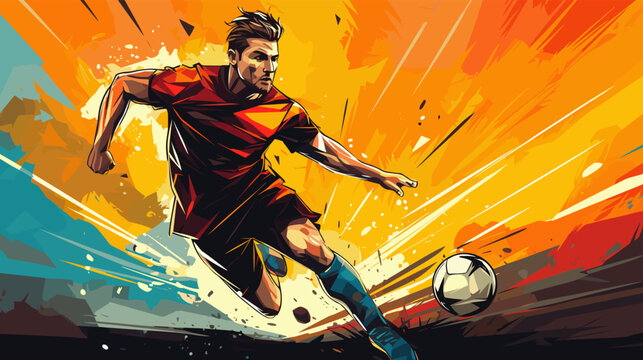 Dynamic soccer player sprinting towards the goal under a vibrant sunset sky, vector poster illustration. Football player in motion dribbling a ball across a colorful, energetic backdrop.