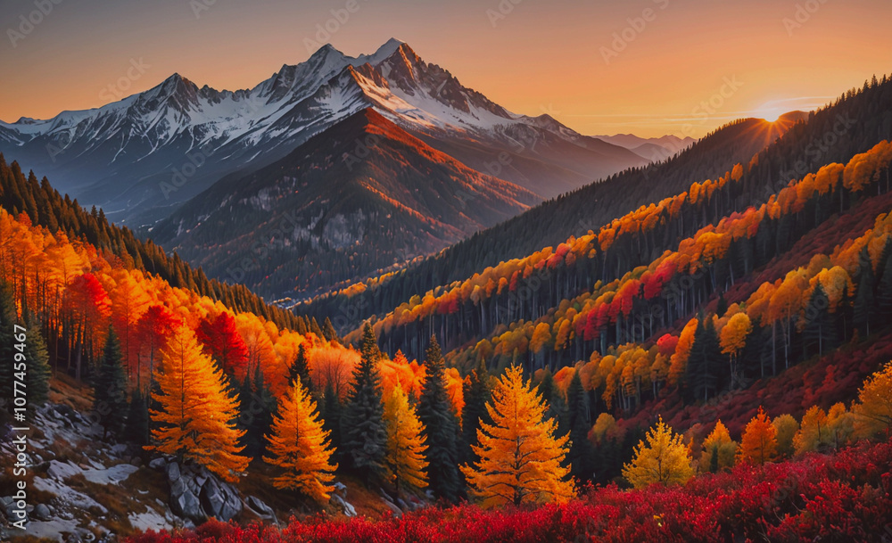 Poster mountain range with a sunset in the background