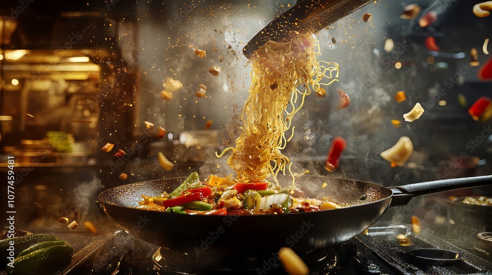 Poster a dynamic image capturing the motion of a chef tossing stir-fried noodles in a wok with colorful veg
