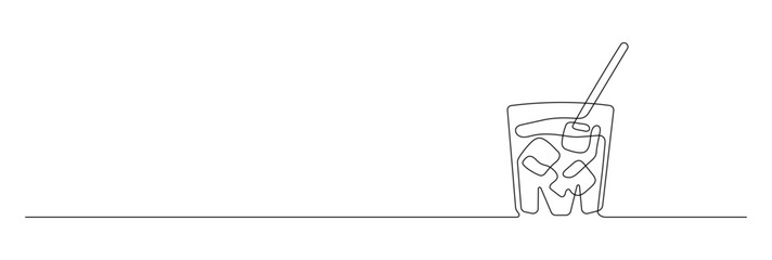 Glass of cool whiskey with ice and bubbles. Glass of clear beverage with straw. Continuous line drawing.
