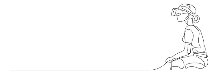 Woman wearing virtual reality glasses. Young woman is experiencing virtual reality through a VR headset.One continuous line .One continuous drawing line logo isolated minimal illustration.