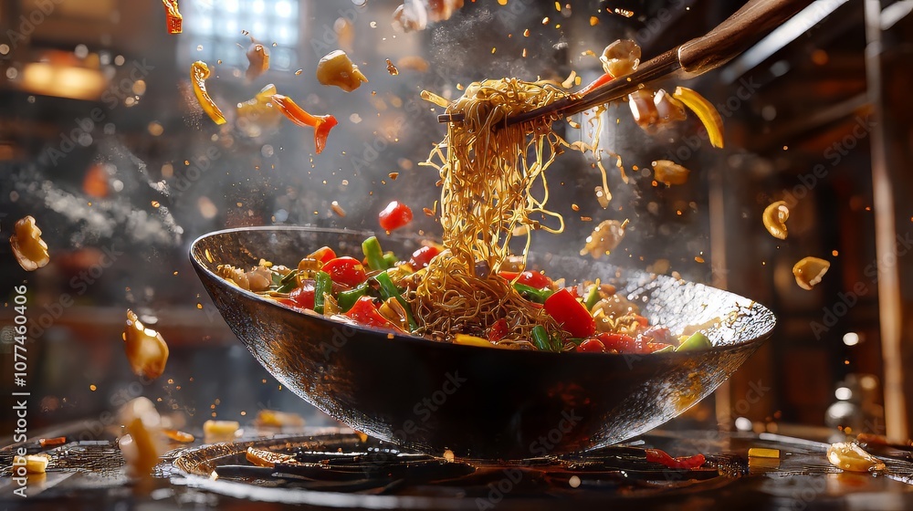 Poster a dynamic image capturing the motion of a chef tossing stir-fried noodles in a wok with colorful veg
