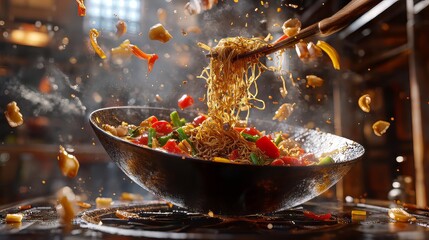 A dynamic image capturing the motion of a chef tossing stir-fried noodles in a wok with colorful vegetables and aromatic spices, showcasing ultra-realistic, photorealistic hypermaximalist detail in 8k