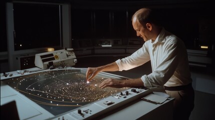 A man explores a cosmic map at a glowing table in a dark room, revealing his deep fascination with the universe.