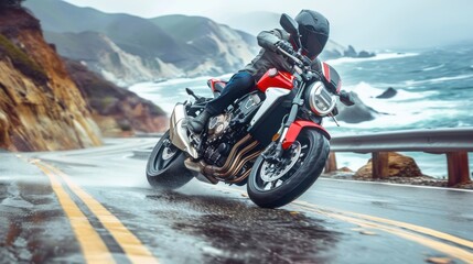 Fototapeta premium A superbike driving along a cliffside road, ocean waves crashing below