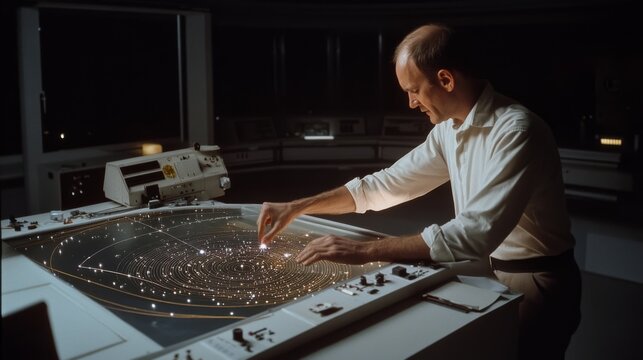 A man explores a cosmic map at a glowing table in a dark room, revealing his deep fascination with the universe.