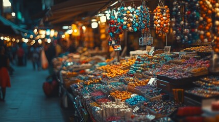 A bustling market stall overflows with an array of vibrant sweets and confections, soaking in the lively atmosphere of the night market.