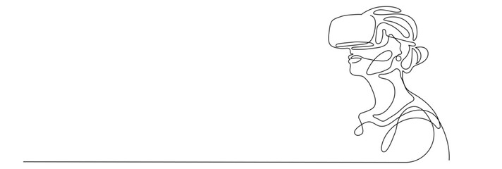Woman wearing virtual reality glasses. Young woman is experiencing virtual reality through a VR headset.One continuous line .One continuous drawing line logo isolated minimal illustration.