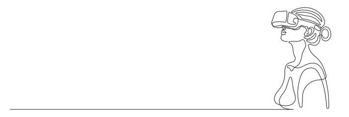 Woman wearing virtual reality glasses. Young woman is experiencing virtual reality through a VR headset.One continuous line .One continuous drawing line logo isolated minimal illustration.