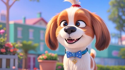 A cute cartoon dog with a bowtie - A playful, happy dog in a cartoon style wearing a bowtie. Give it a fun and quirky personality, with exaggerated features and bright colors.