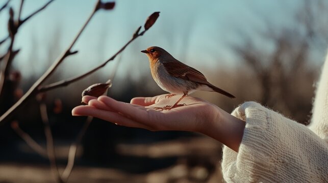 A vibrant robin perches gently on an outstretched hand, set against a bright, clear blue sky, portraying trust and connection with nature.