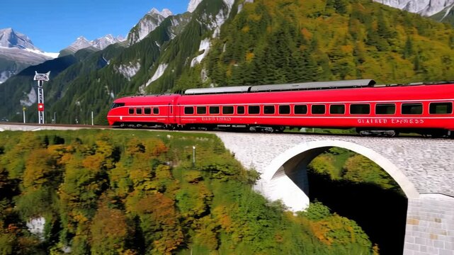 Highspeed red train crossing scenic mountain bridge in vibrant autumn landscape