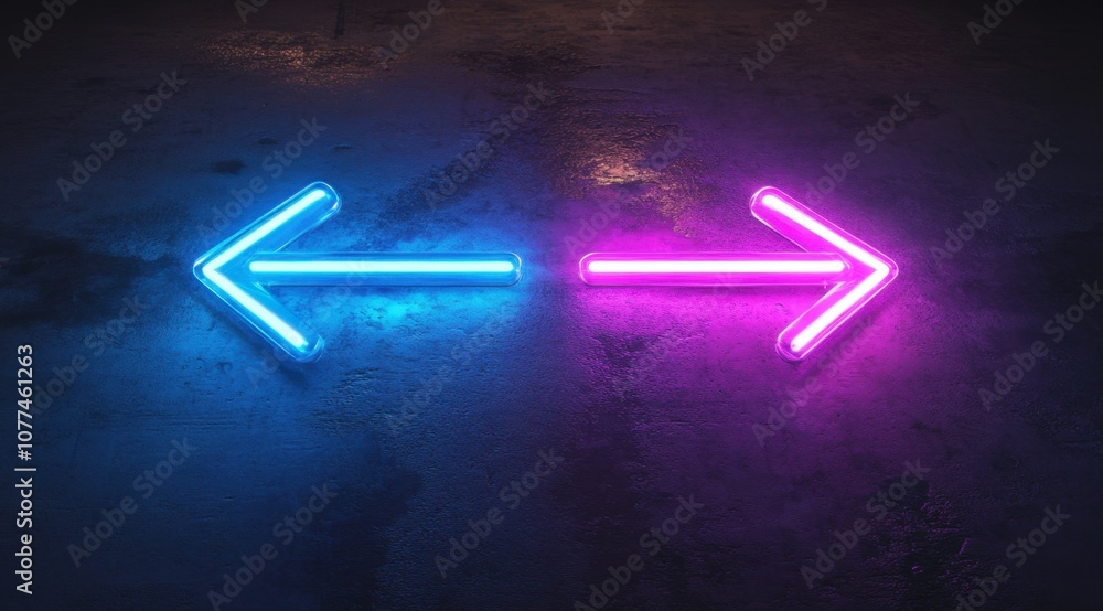 Poster two neon arrows pointing to the right and left, with blue light on one arrow and violet light on the