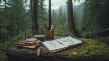 A weathered notebook and art tools sit on a moss-covered tree stump amidst a tranquil forest, inviting creativity and reflection.